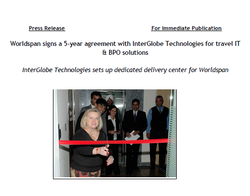 Worldspan signs a 5-year agreement with InterGlobe Technologies for travel IT & BPO solutions